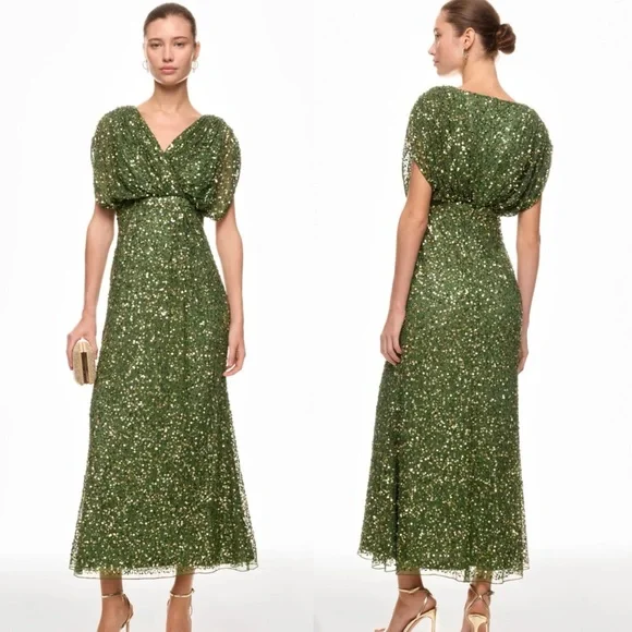 Mac Duggal | Dresses | Mac Duggal Green Sequin Beaded Draped Sleeves Gown  Sz 6 Msrp 498 | Poshmark
